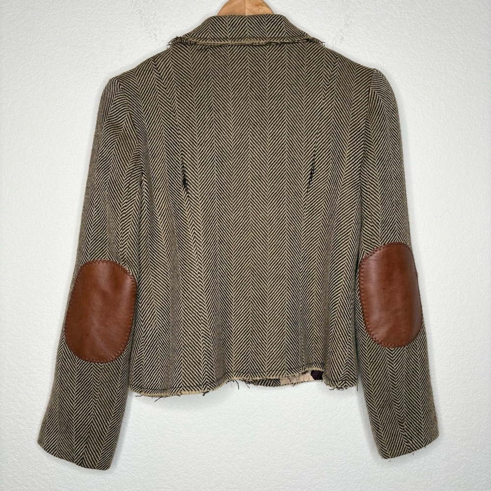 Bob Marley Wool Herringbone Blazer with Brown Leather Accents sz 4 - Picture 4 of 15